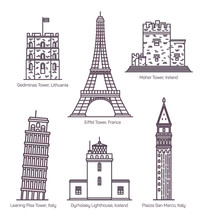 European Landmarks With Towers In Thin Line