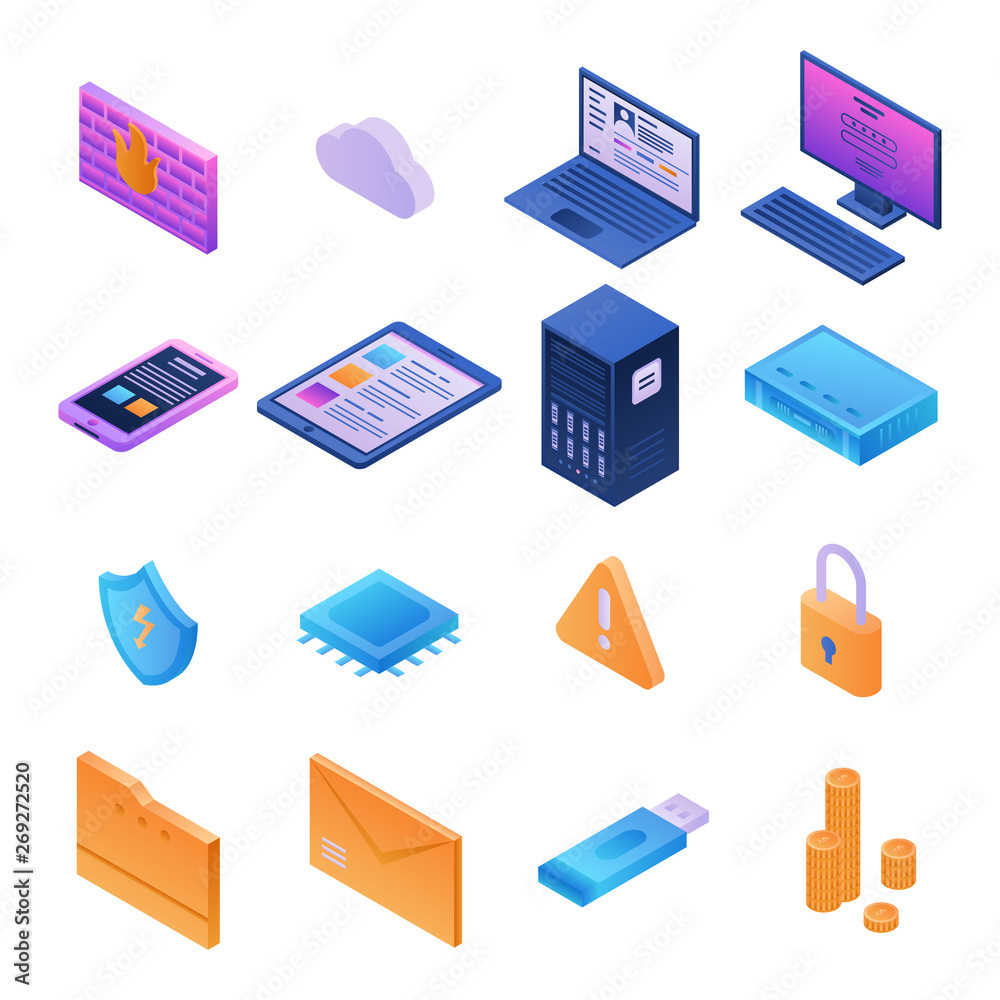 Firewall security icons set. Isometric set of firewall security vector ...
