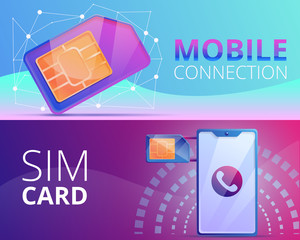 Poster - Sim phone card banner set. Cartoon illustration of sim phone card vector banner set for web design