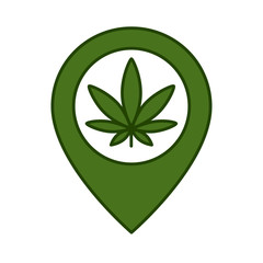 Marijuana leaf and map pointer. Isolated vector illustration on white background