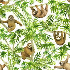 Sloth on palm. Seamless watercolor pattern. Tropical summer background