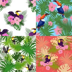 Poster - Tropical toucan pattern set. Cartoon illustration of tropical toucan vector pattern set for web design