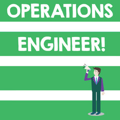 Poster - Text sign showing Operations Engineer. Business photo text analyze and design operation that will improve work flow Businessman Looking Up, Holding and Talking on Megaphone with Volume Icon