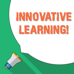 Poster - Word writing text Innovative Learning. Business photo showcasing Interdisciplinary teaching that stirs analytic thinking Huge Blank White Speech Bubble Occupying Half of Screen and Small Megaphone