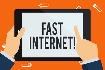 Poster - Word writing text Fast Internet. Business photo showcasing term used for Internet service that is faster than the average Businessman Hand Holding, Pointing and Touching Colorful Tablet Blank Screen