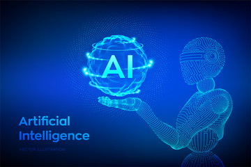 Wall Mural - AI. Artificial intelligence. Wireframe robot. AI in robotic hand. Machine learning and cyber mind domination concept. Technology sci-fi concept. Graphic design concept of future. Vector illustration.