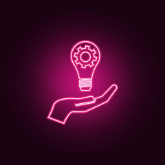 Poster - Light lamp bulb with cogwheel gear in hand. Idea neon icon. Elements of Team work set. Simple icon for websites, web design, mobile app, info graphics