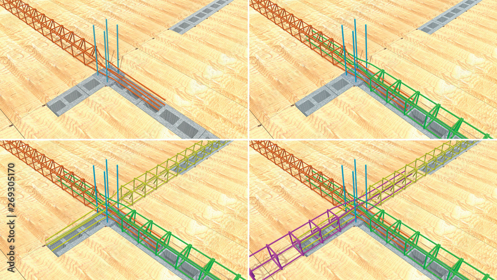 Sequence in 4 steps of the assembly of the steel beams on the wooden ...