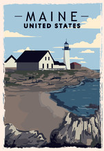 Maine Retro Poster. USA Maine Travel Illustration