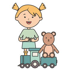 Poster - cute little girl with bear teddy and train