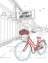 Hand Drawn Birthday Card - Ink Sketch Of Houses And A Red Bicycle With Birthday Flowers, Plus A Sign Saying "Happy Birthday!"