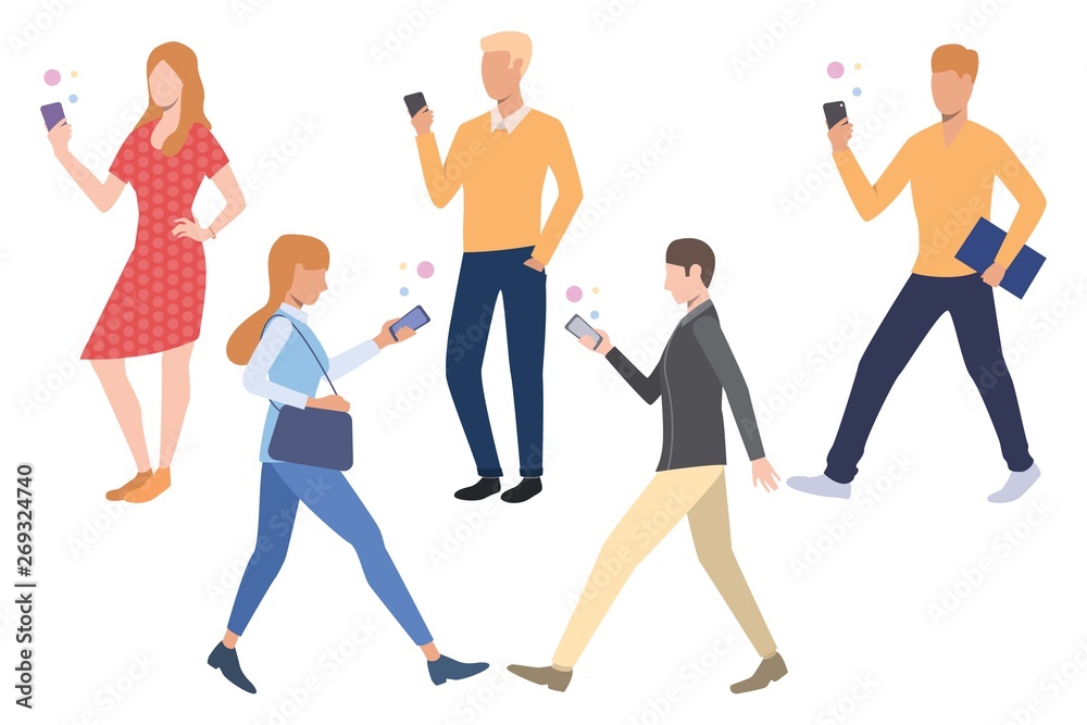 Set of people using smartphones. Young men and women standing, walking ...