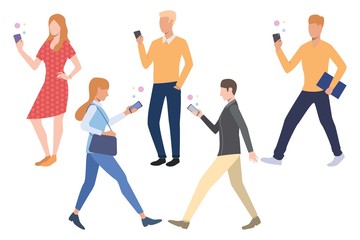 Poster - Set of people using smartphones. Young men and women standing, walking, holding mobile phones. People concept. Vector illustration can be used for topics like communication or wireless connection