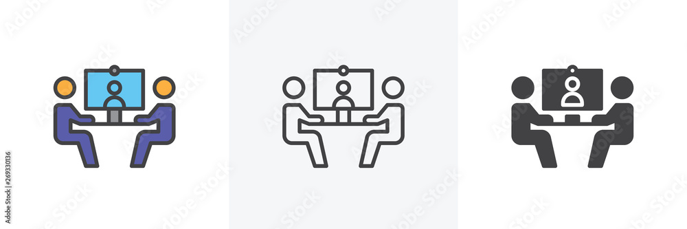 Video conference icon. Line, glyph and filled outline colorful version, businessmen communicate at a table outline and filled vector sign. Symbol, logo illustration. Different style icons set.  - obrazy, fototapety, plakaty 