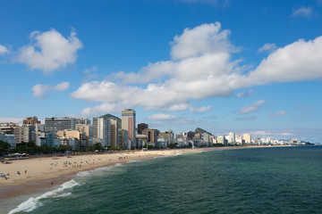 Lookout point to the Ipanema beach at Mirante do Leblon, sandy beach in a hot beautiful sunny summer day, cloudy blue sky, Rio de Janeiro, Brazil. 