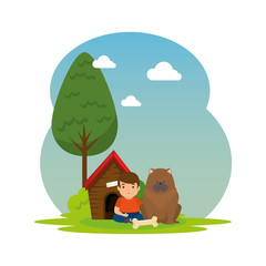 Sticker - cute little boy with dog and wooden house in the landscape