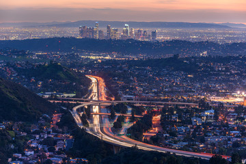 Traffic in downtown Los Angeles, California at night