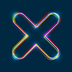 Colorful multi-layered outline of a X mark with glowing light effect on blue background