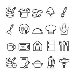 Set of outline icons for kitchen tools and cooking on white background