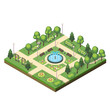 Isometric park landscape with green plants, flower beds, fountain, benches and swings. Vector illustration on white background.