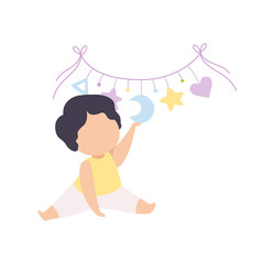 Sticker - Cute Little Kid Playing with Toy Carousel Vector Illustration