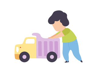 Canvas Print - Adorable Little Boy Playing with Toy Truck Vector Illustration