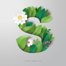 3d Vector Letter S Of Leaves And Flowers. Realistic Paper Cut Design And Shadows.