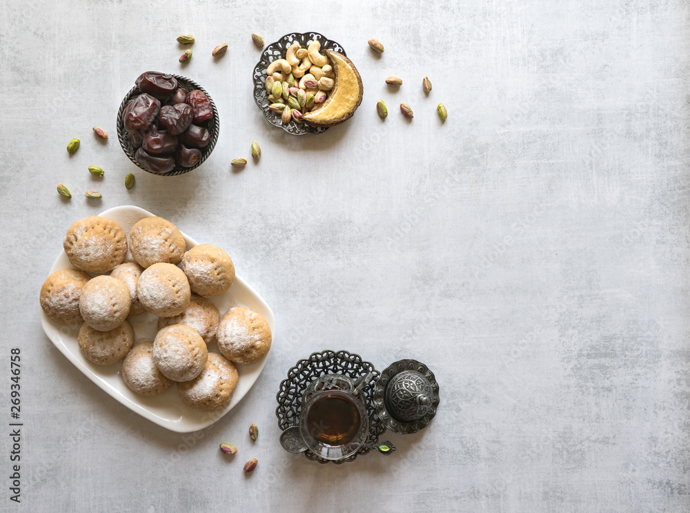 Eid and Ramadan Dates Sweets - Arabian cuisine background. Top view ...