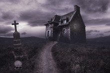 Apocalyptic Halloween Scenery With Old House, Skull And Grave