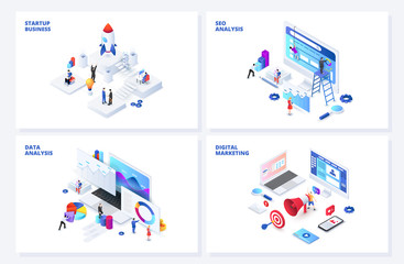 isometric 3d illustrations set. startup, seo and data analysis, digital marketing with characters.