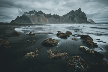 Wall Mural - Exotic landscape of the volcanic beach. Location Stokksnes cape, Vestrahorn, Iceland, Europe.