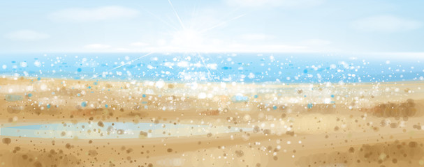 Wall Mural - Vector  ocean with blue  sky and sunshine, bokeh effect.