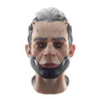 © roman3d - Head with cybernetic implants. Male cyborg face with gray hair. Head of a futuristic android. Portrait of man with artificial eyes and implanted metal parts of the face. 3D render on white background