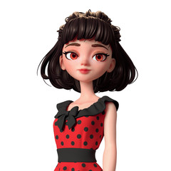 3d cartoon character woman smiling. Beautiful teenager girl with short brown hair. Portrait of a cheerful brunette pin-up girl in red retro dress with black polka dots. 3D render on white background.