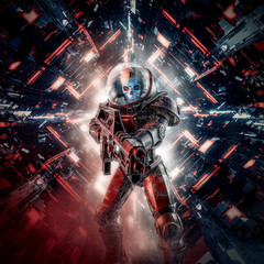 Wall Mural - Intruder skeleton military astronaut / 3D illustration of science fiction scene showing evil skull faced space soldier with laser rifle inside spaceship corridor