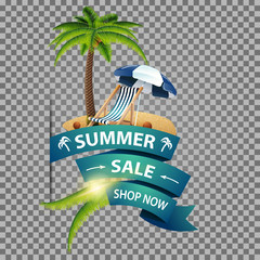 Summer sale, isolated web banner with ribbon, palm tree, beach chair and beach umbrella