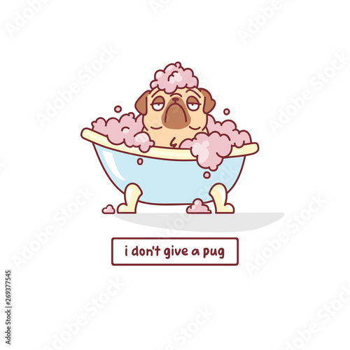 Cuadros en Lienzo cartoon pug dog character sitting in a bath with foam vector illustration with h