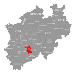 Naklejka na meble Rheinisch Bergischer Kreis red highlighted in map of North Rhine Westphalia DE