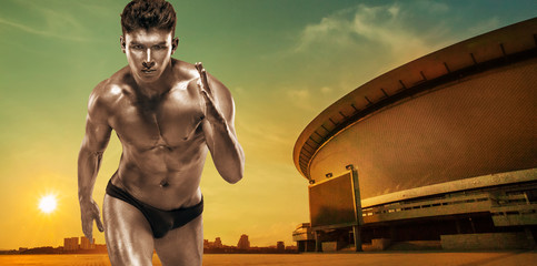 Runner or sprinter concept. Brutal strong muscular bodybuilder athletic man run on light background. Workout bodybuilding banner.