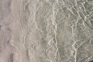 pattern on sand created by clear water - clear sea water laps onto clean sand - calming pattern created by the sea