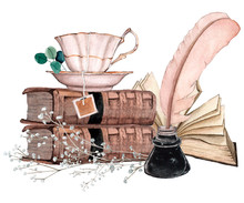 Watecrolor Illustration With Pile Of Old Books Composition With Leaves And Flowers, Cup Of Tea, Inkwell And Feather Pen