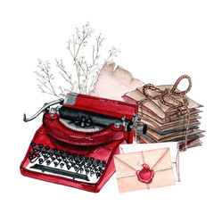 Watecrolor illustration with pile of envelopes composition with red typewriter