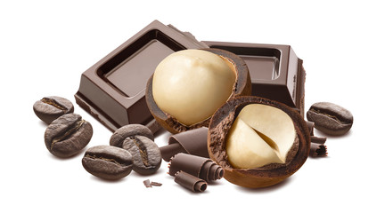 Wall Mural - macadamia nuts, chocolate curls and coffee beans isolated on white background