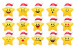 © ymoiseeva - Vector set of star emoticons. Collection of yellow stars wearing Santa hat with different emotions in cartoon style on white background