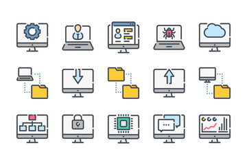 Aufkleber - computer technology related color line icon set. data transfer and computer options linear icons. sy