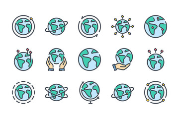 Poster - Globe related color line icon set. World and planet linear icons. Earth and geography colorful outline vector sign collection.