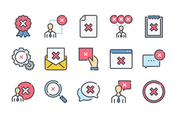 Poster - Cancellation related color line icon set. Negative result linear icons. Decline and cancel colorful outline vector sign collection.