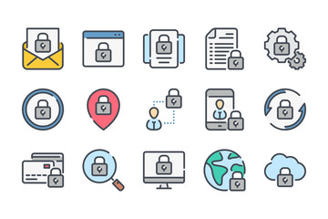 Poster - Data protection related color line icon set. Cybersecurity linear icons. Cyber protection colorful outline vector sign collection.