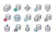 Database related color line icon set. Server and backup linear icons. Data hosting and web storage colorful outline vector sign collection.