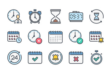 Poster - Time and date related color line icon set. Alarm and timer linear icons. Hourglass and calendar colorful outline vector sign collection.
